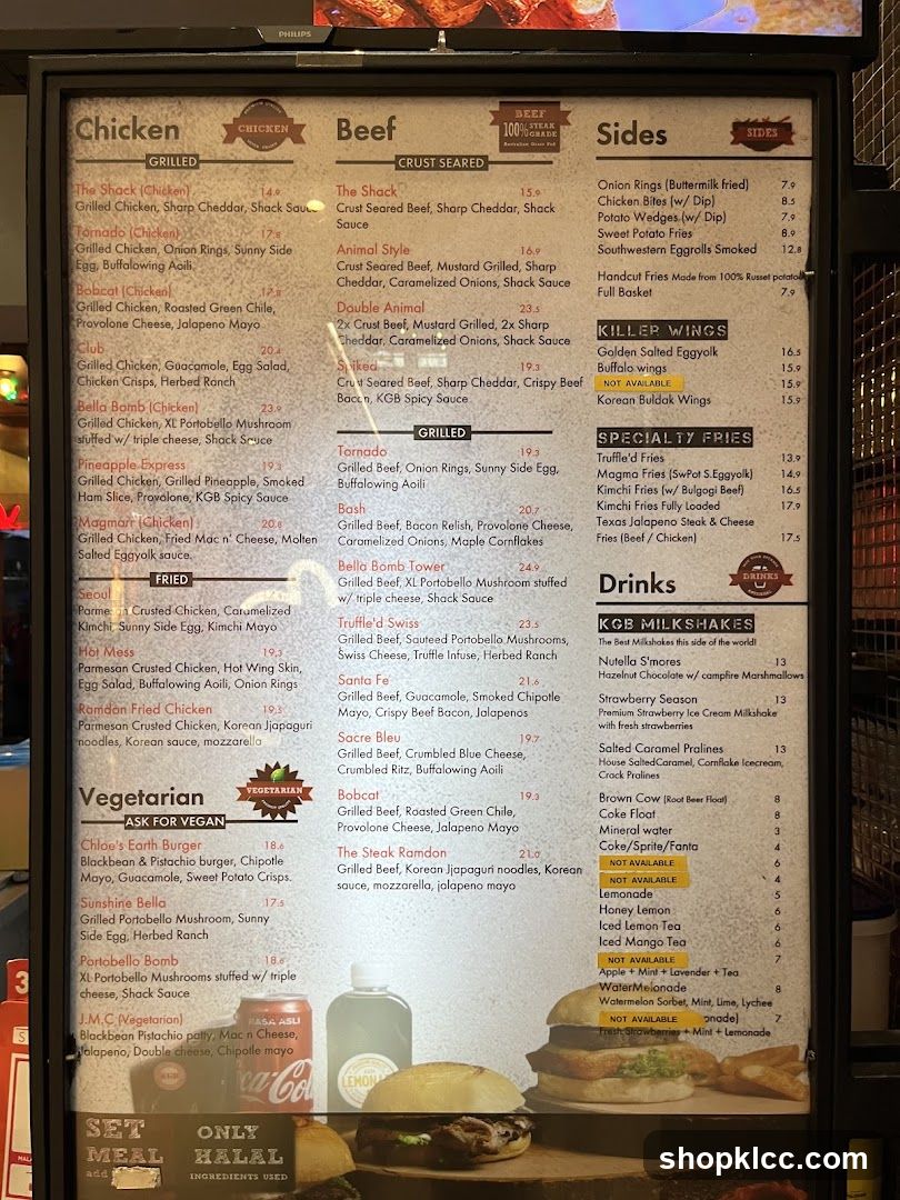 Chicken, Beef, Sides, Killer Wings, Specialty Fries, Drinks, KGB Milkshakes