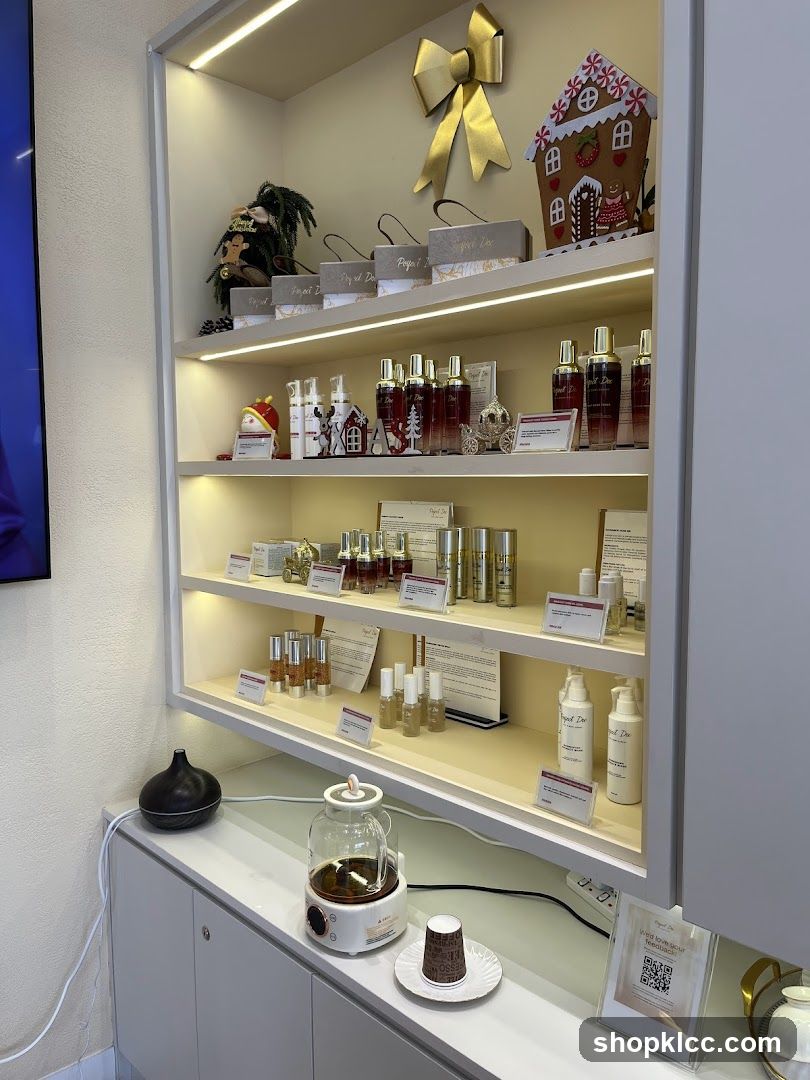 Christmas-themed display shelf with skincare products