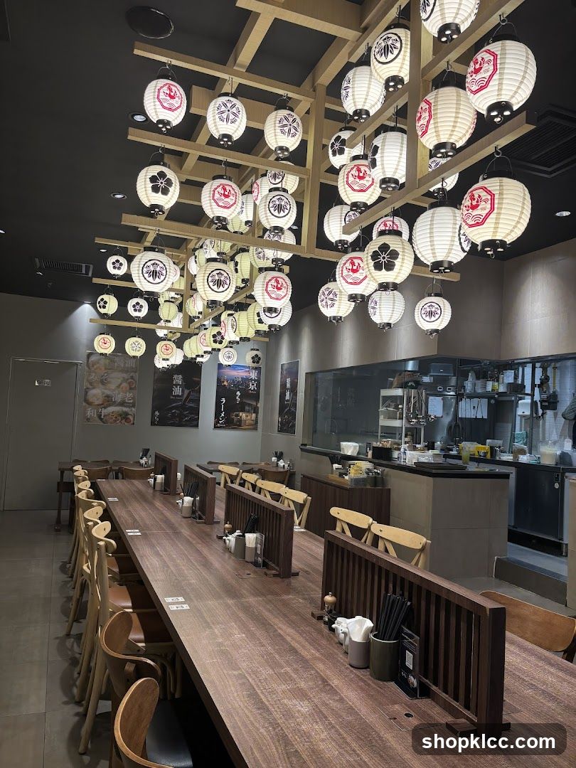 Restaurant Interior with Lanterns and Long Table