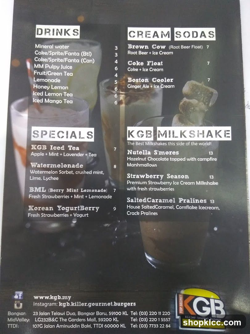 KGB Killer Gourmet Burgers Menu