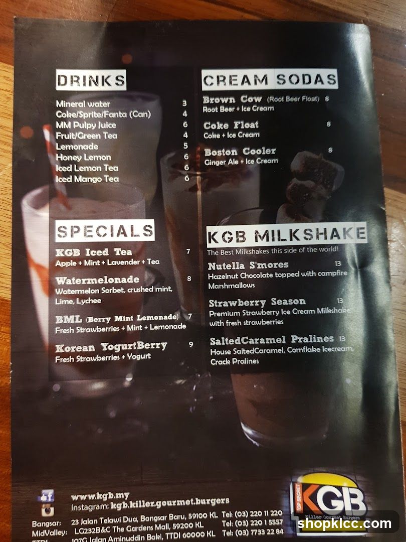 KGB Killer Gourmet Burgers Menu