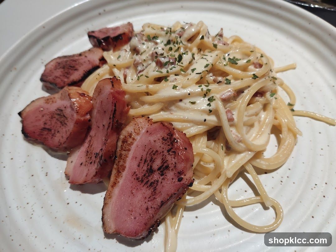 Spaghetti Carbonara with Sliced Duck Breast