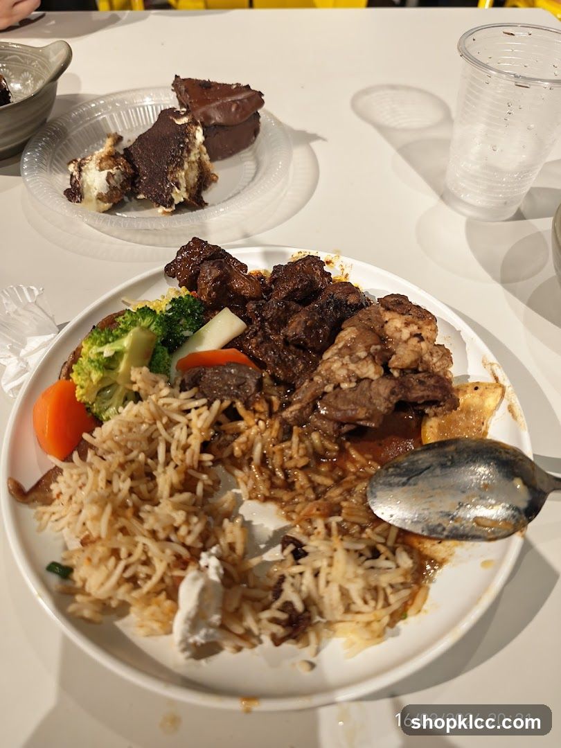 Meal with Rice, Meat, and Dessert