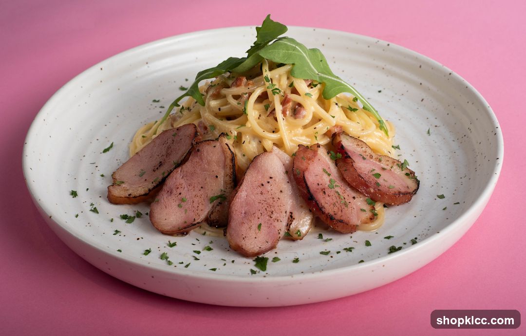 Spaghetti Carbonara with Sliced Duck Breast
