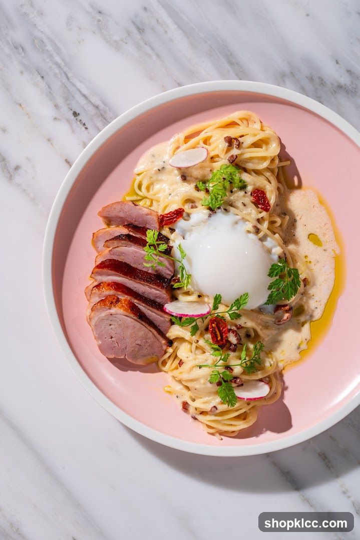 Spaghetti with Duck and Poached Egg
