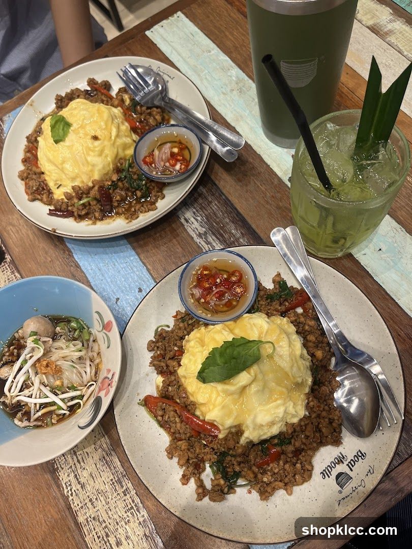 Thai Basil Omelet Rice and Noodle Soup