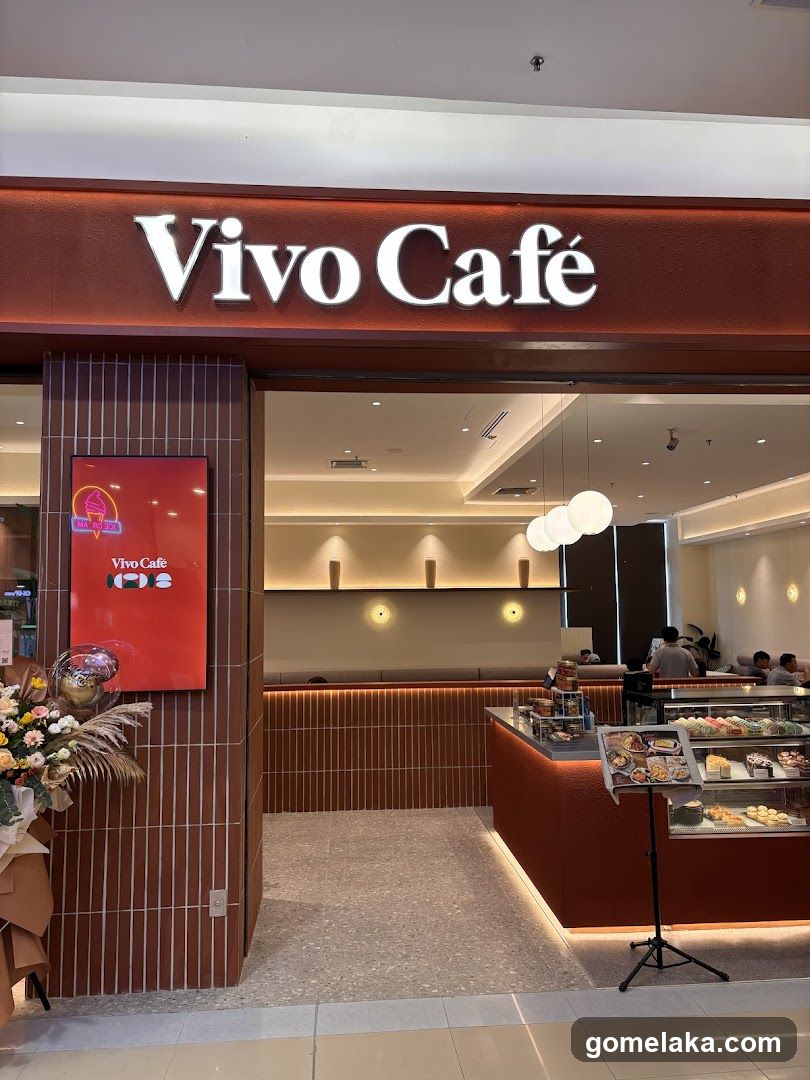 Modern café entrance with illuminated 'Vivo Café' sign above the doorway. The facade features reddish-brown tiled walls with vertical grooves. A digital display screen on the left shows a promotional image with 'Vivo Café' logo and ice cream icon. Inside, warm lighting illuminates a counter displaying pastries and desserts in glass cases. Customers are seated at tables in the background. A floral arrangement is placed near the entrance.