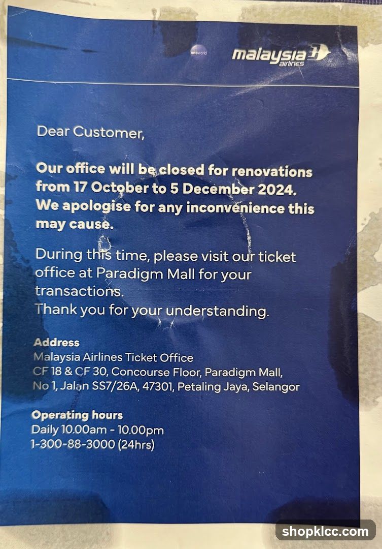 Malaysia Airlines Office Closure Notice