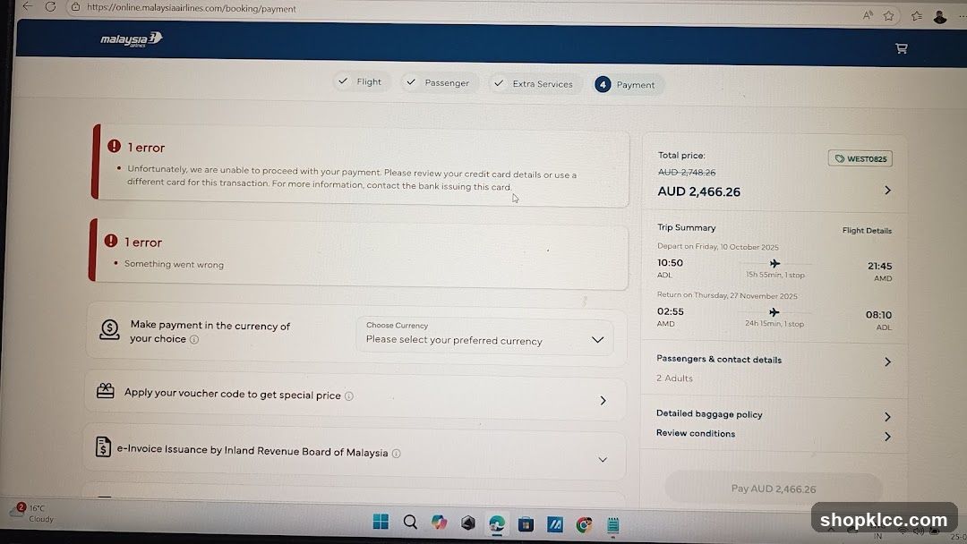 Malaysia Airlines Payment Error