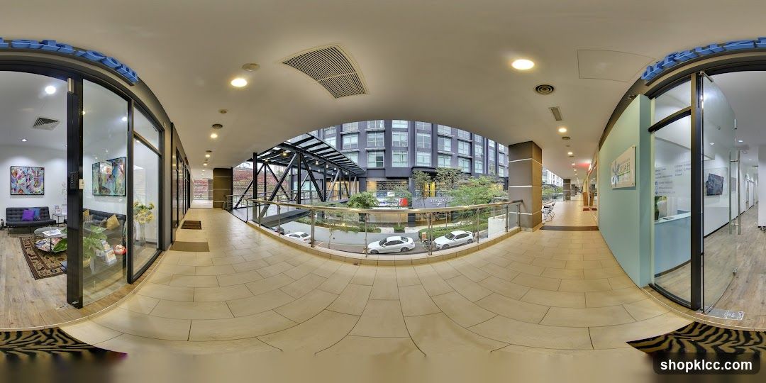 Interior walkway with storefronts