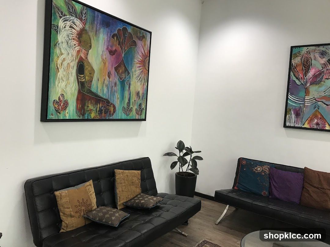 Waiting area with artwork and seating