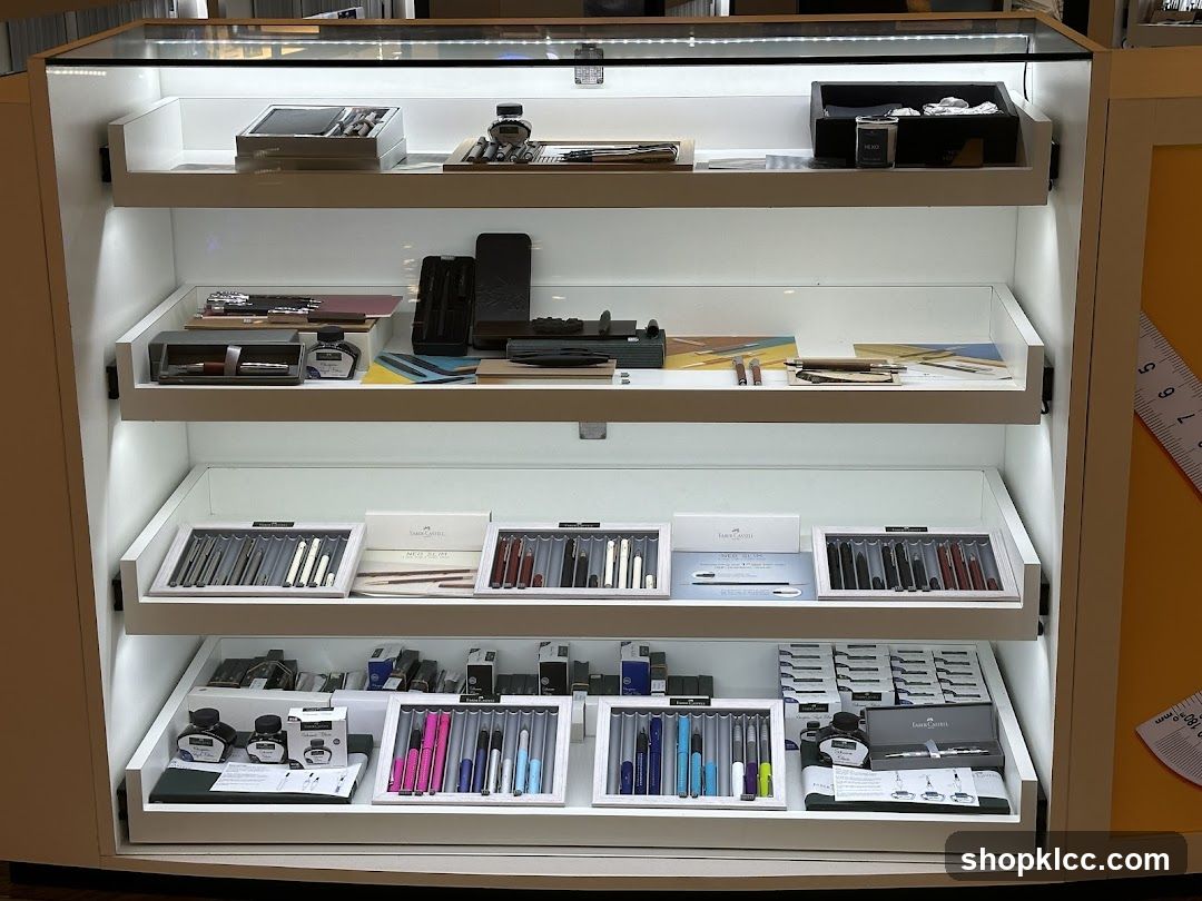 Display case with pens and ink