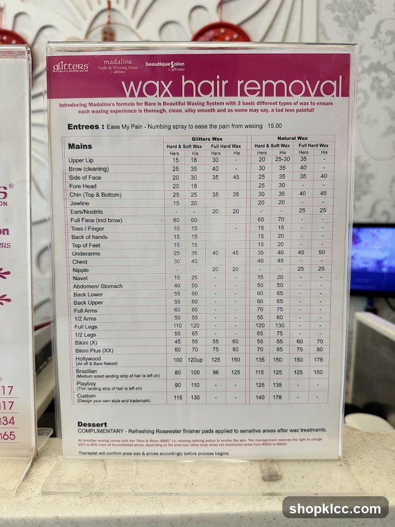 Wax Hair Removal Menu