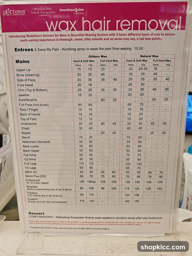 Wax Hair Removal Menu