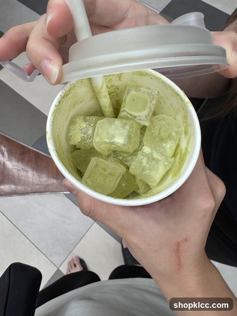 Matcha drink with ice cubes