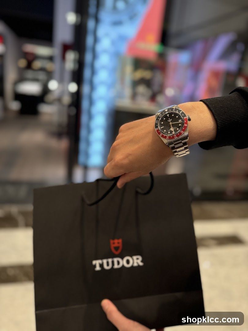Person holding a Tudor shopping bag and wearing a Tudor watch