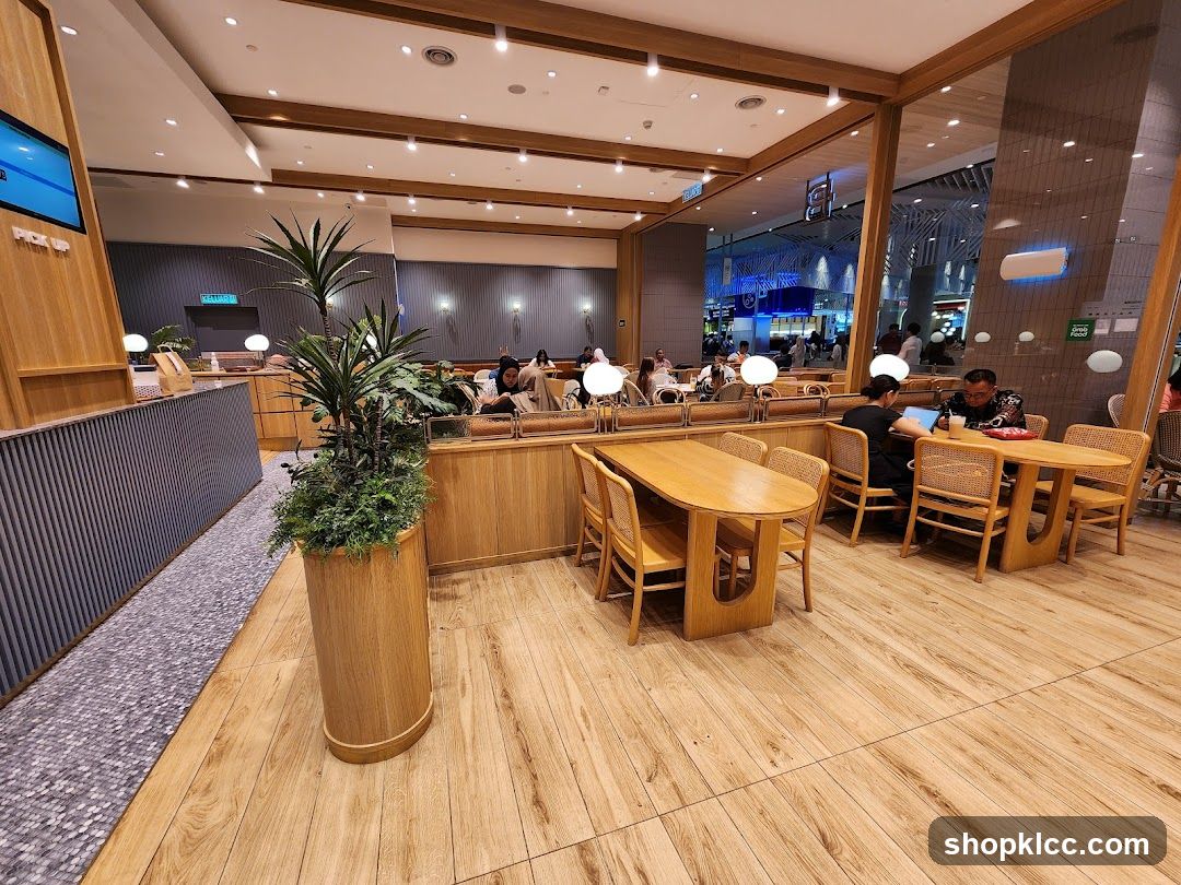 Interior of a cafe with wooden tables and chairs