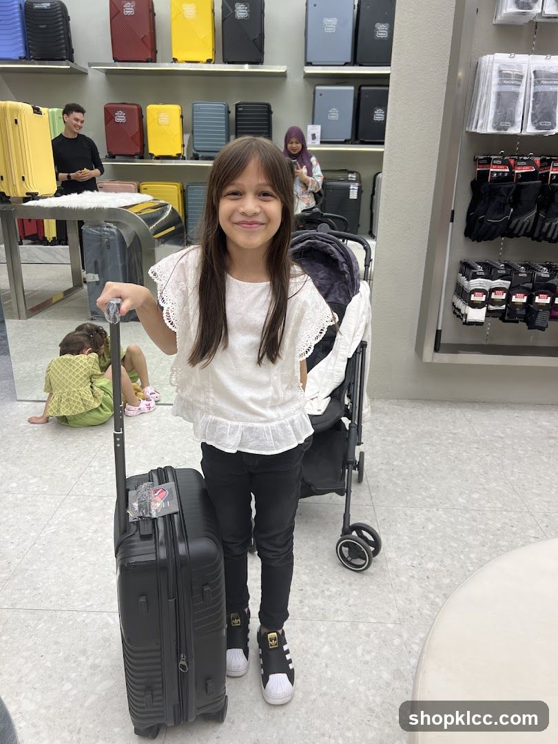 Girl with Suitcase in Luggage Store