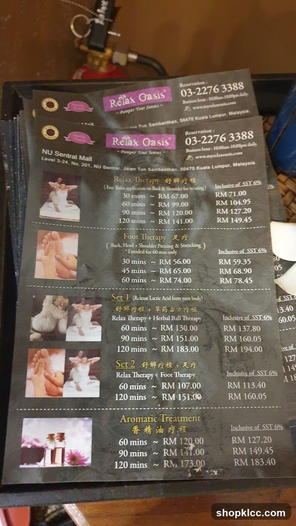 Relax Oasis Menu