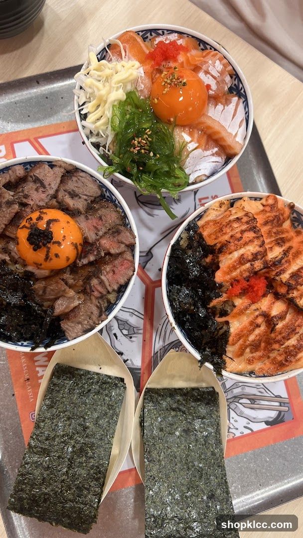 Three bowls of Japanese rice bowls