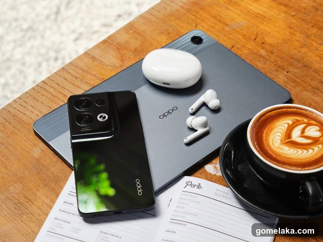Coffee and Tech Gadgets on Wooden Table