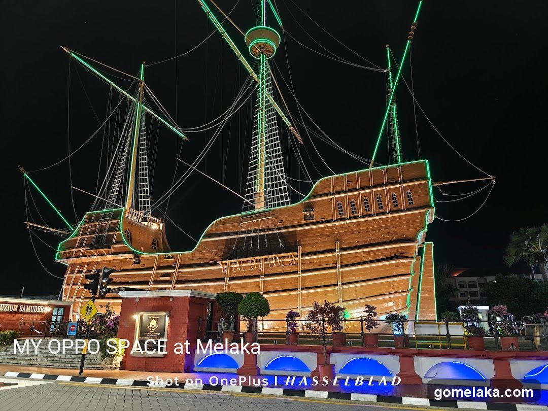Nighttime illuminated ship structure at Melaka