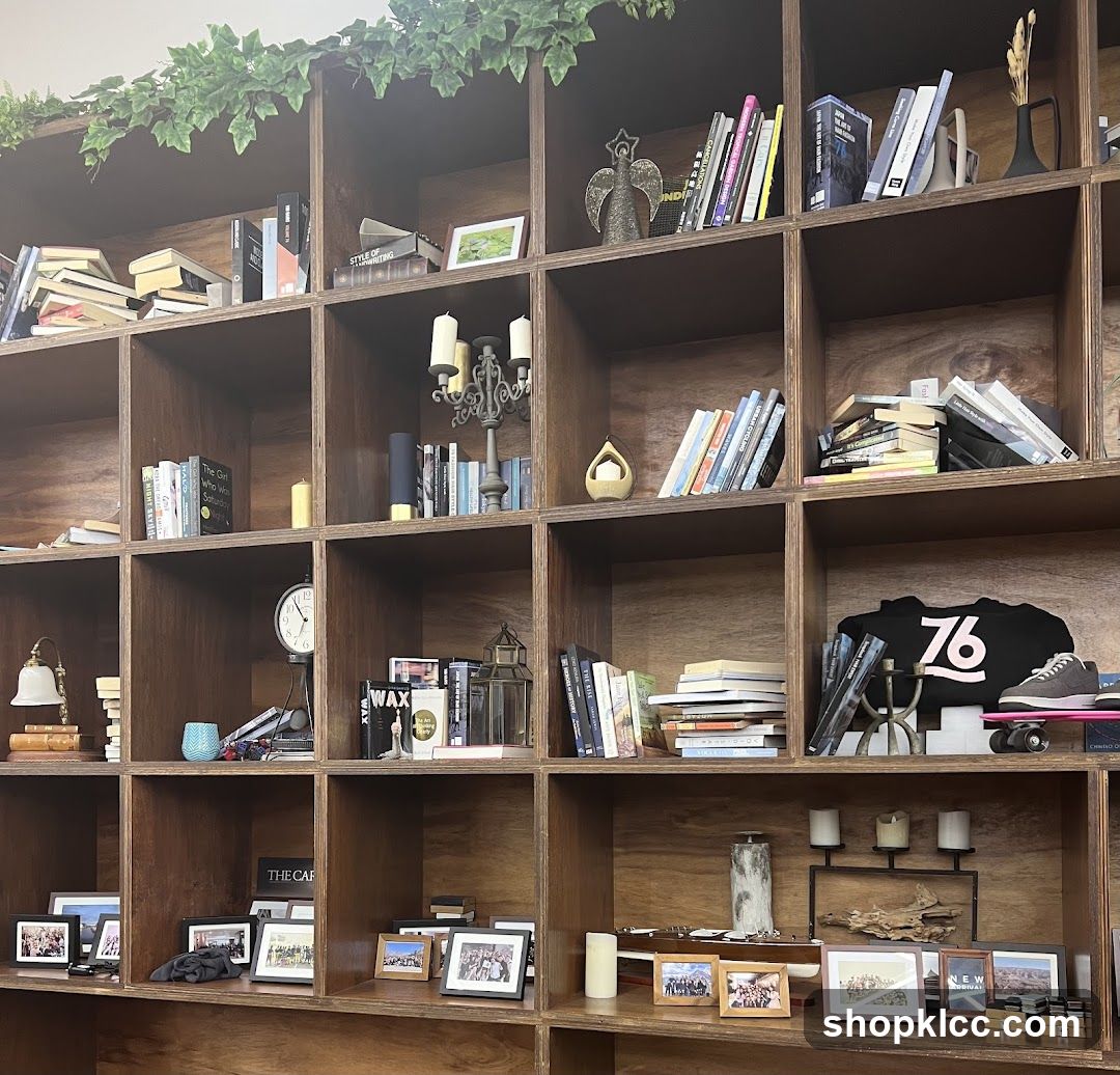 Bookshelf with various items