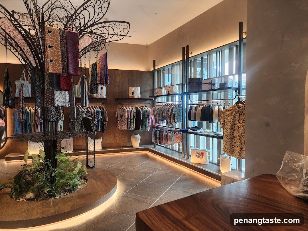Clothing store interior with decorative tree display