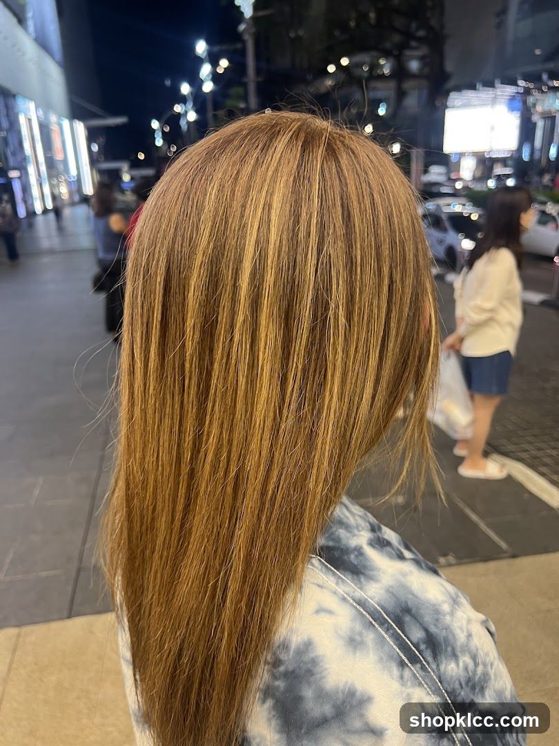 Back of a person with long hair at night