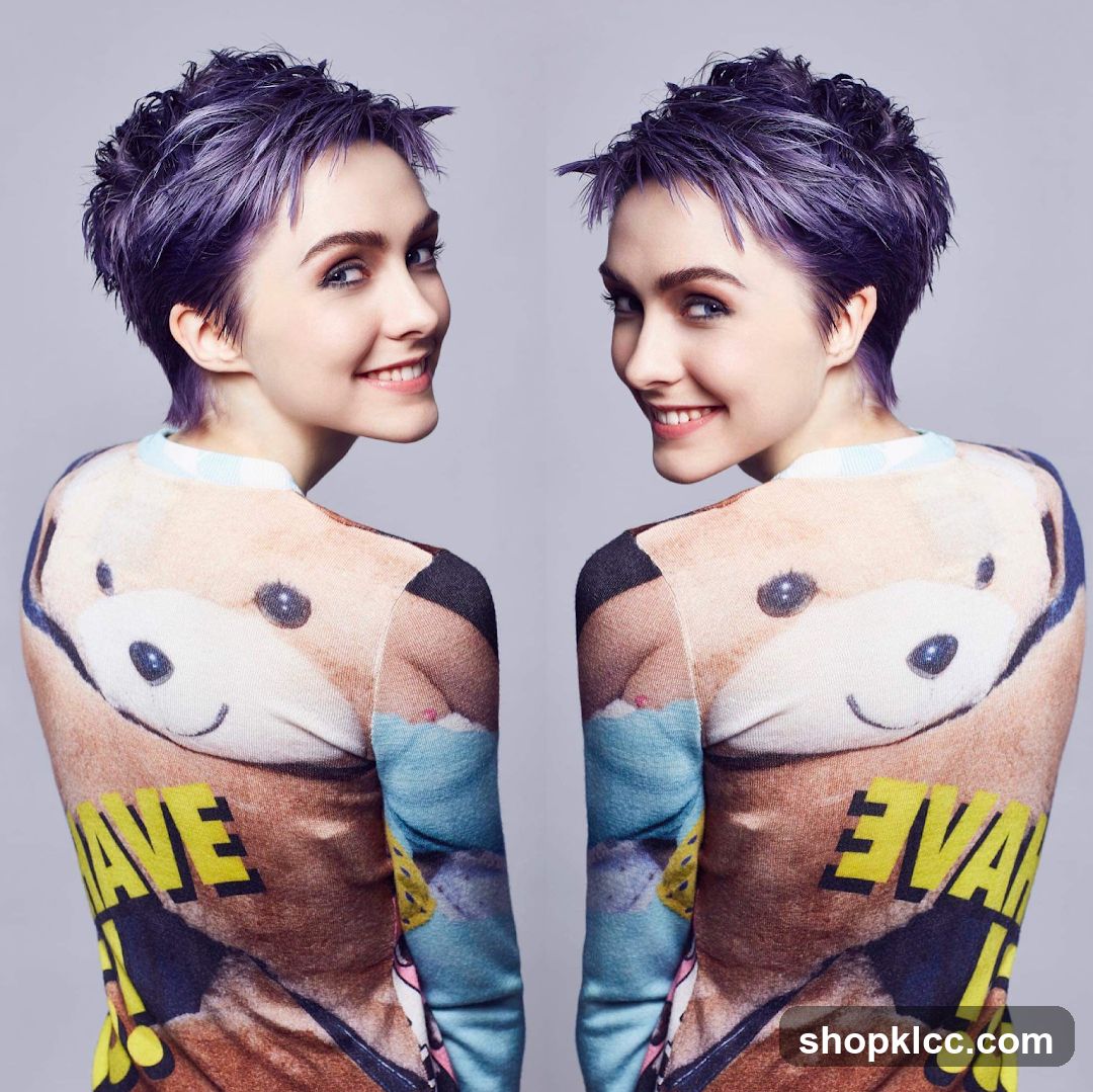 Purple-haired woman in animal print sweater