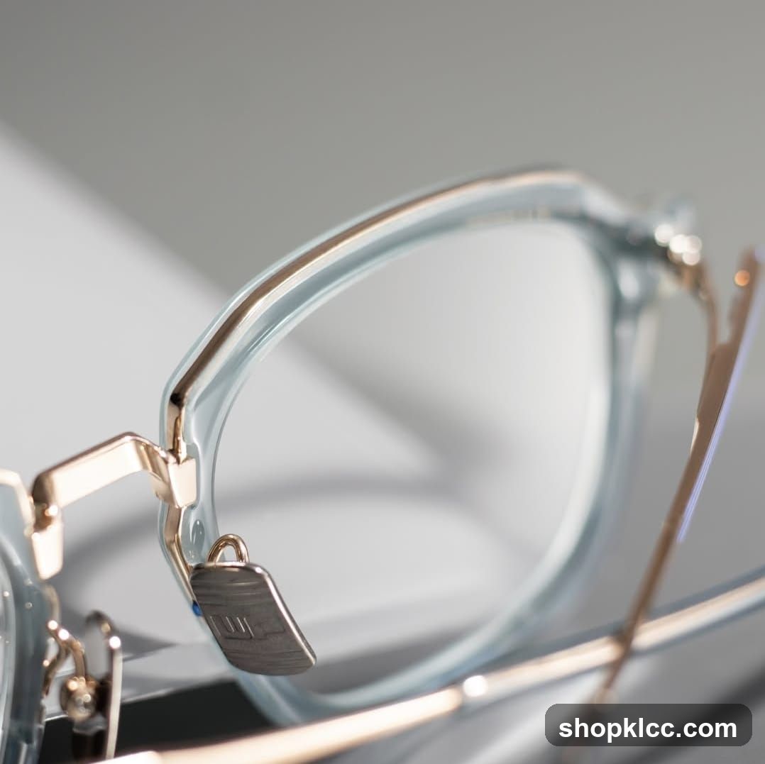 Close-up of eyeglasses with metal hinges and temple arms