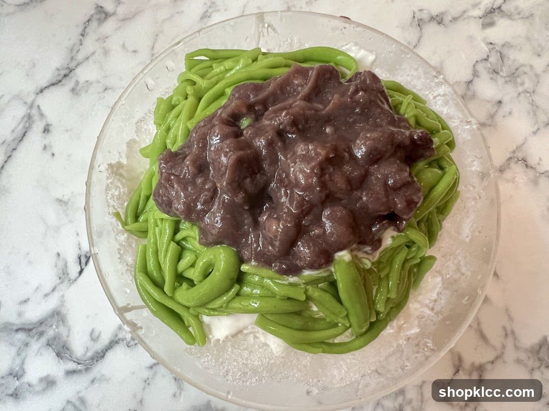 Dessert with Green Noodles and Red Bean Paste