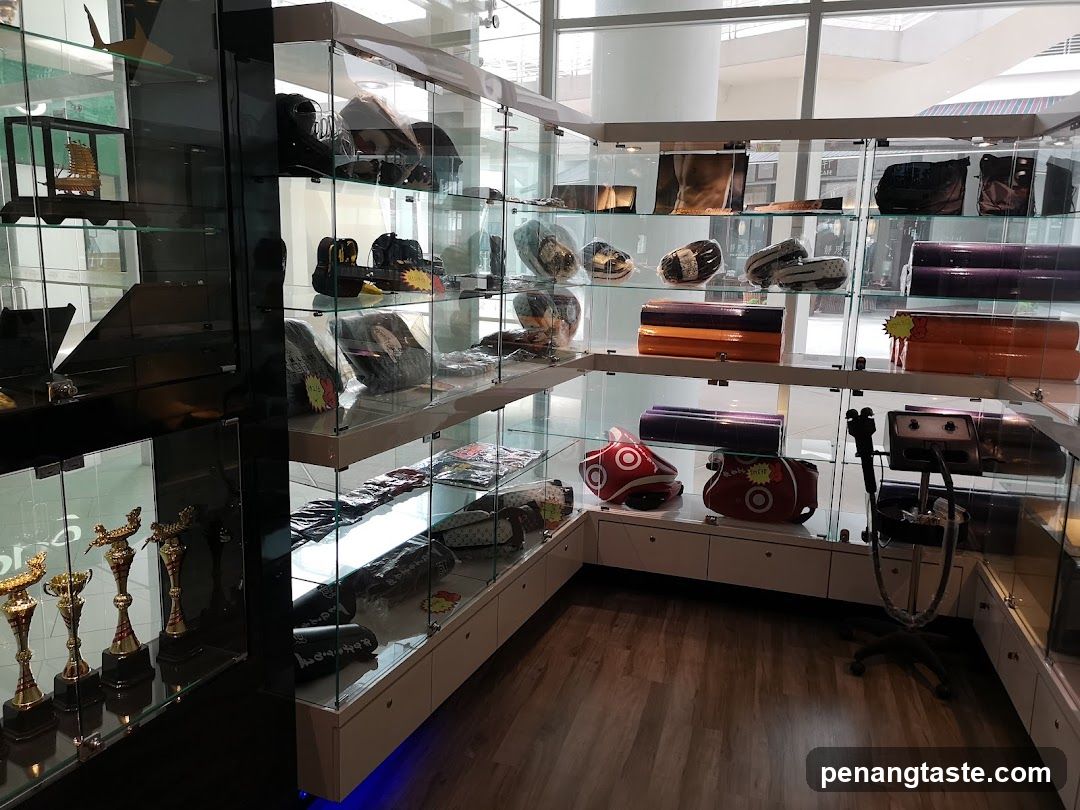 Display of various items in glass cabinets
