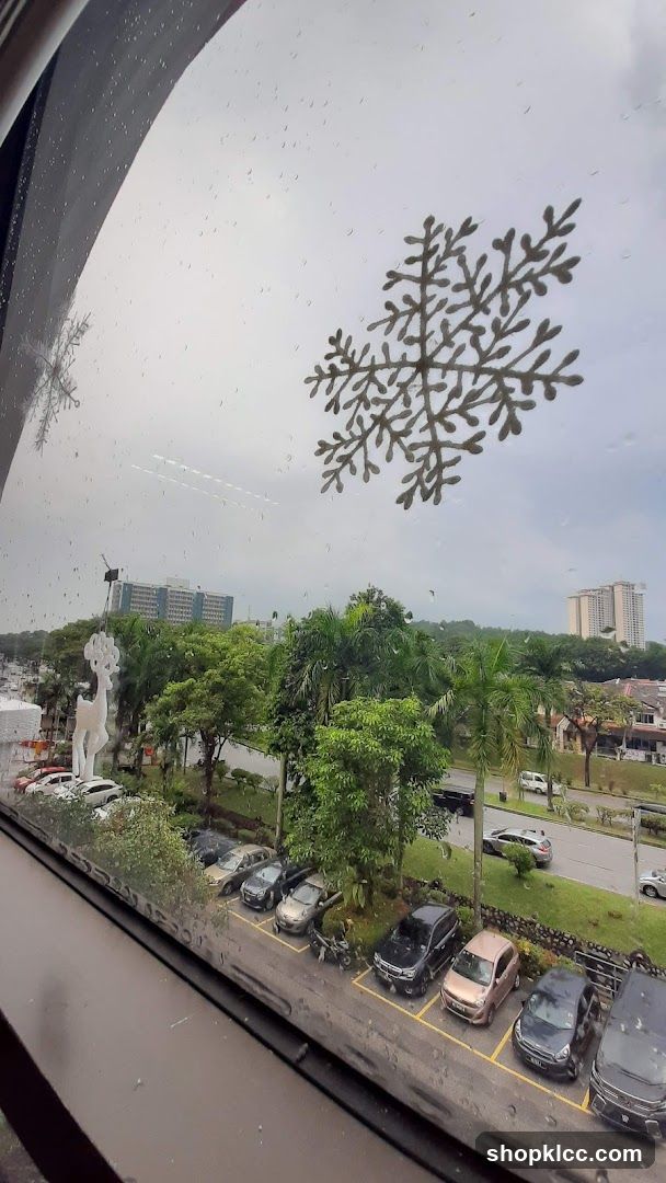 Snowflake decorations on a rainy window