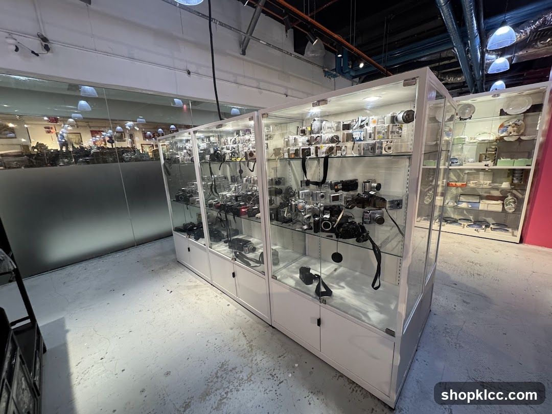 Display Cases with Cameras and Collectibles
