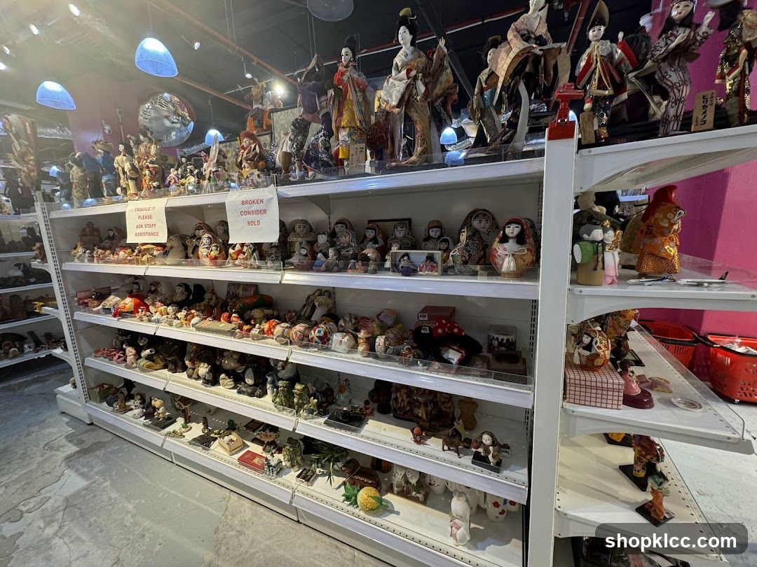 Display shelves with dolls and figurines