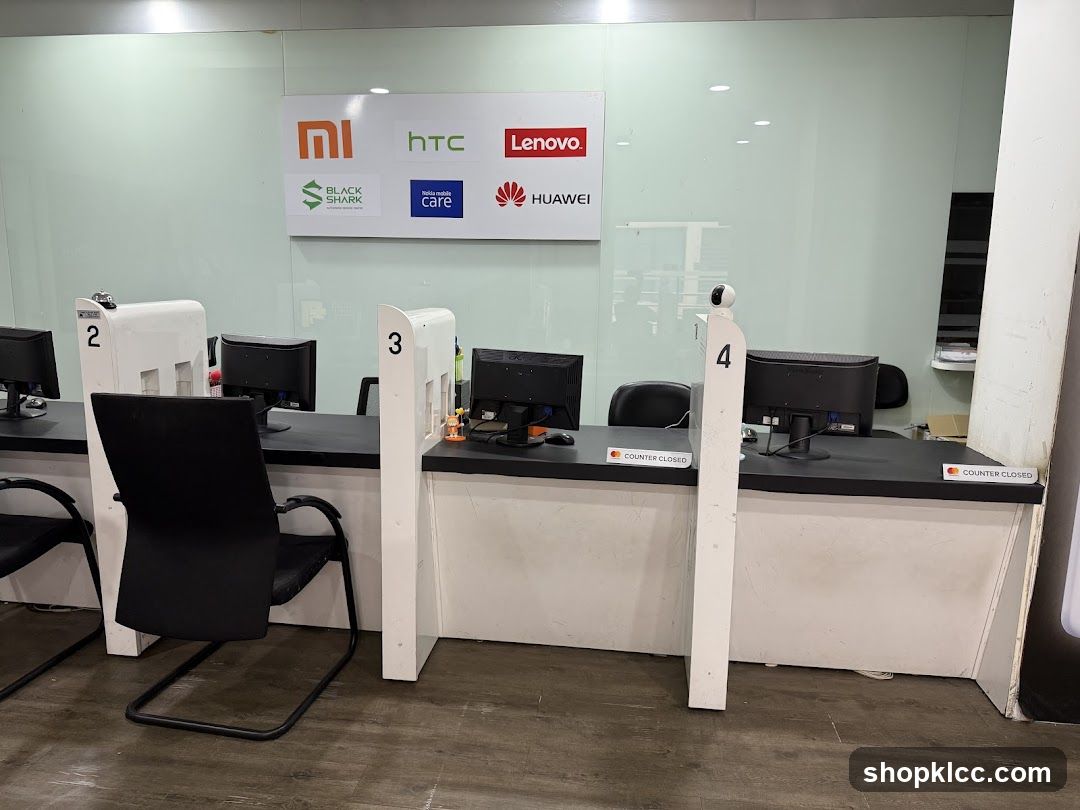 Service counters with brand logos
