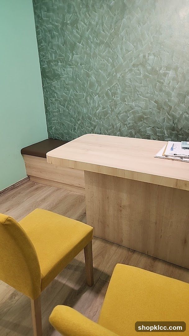Interior Room with Wooden Desk and Yellow Chairs