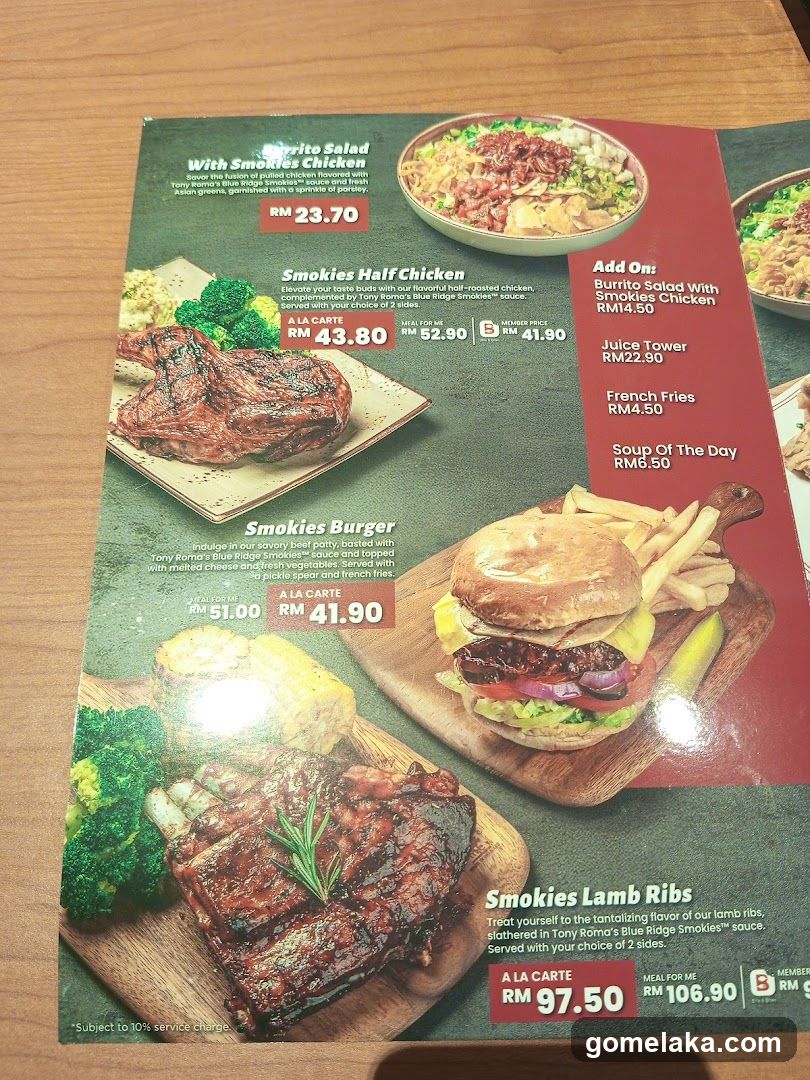 Tony Roma's Menu