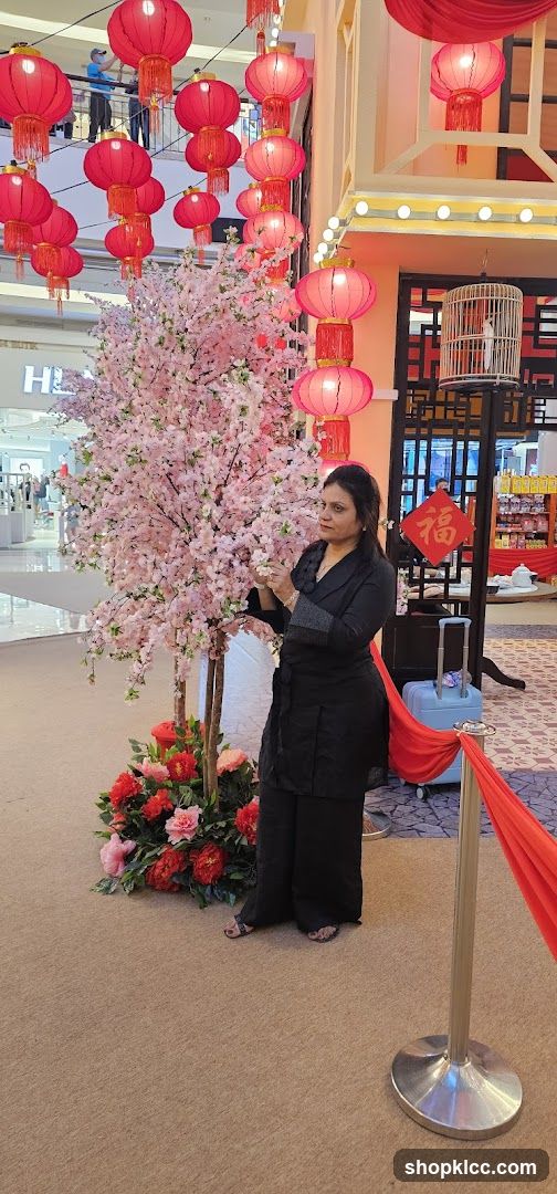 Woman Poses Near Cherry Blossom Tree and Lanterns