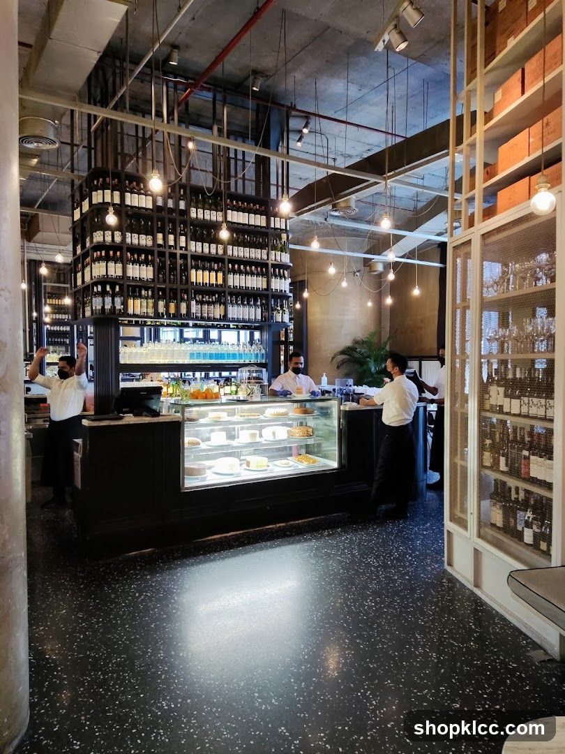 Restaurant Interior with Wine Display and Dessert Case