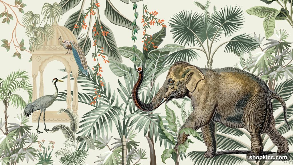 Jungle Scene with Elephant and Birds
