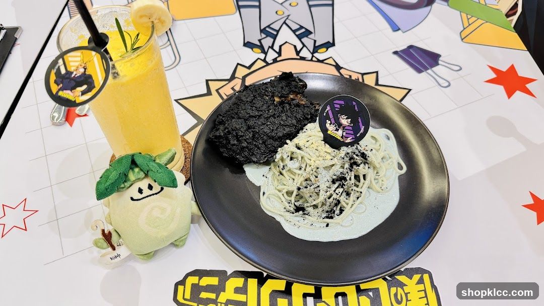 Anime-themed meal setup