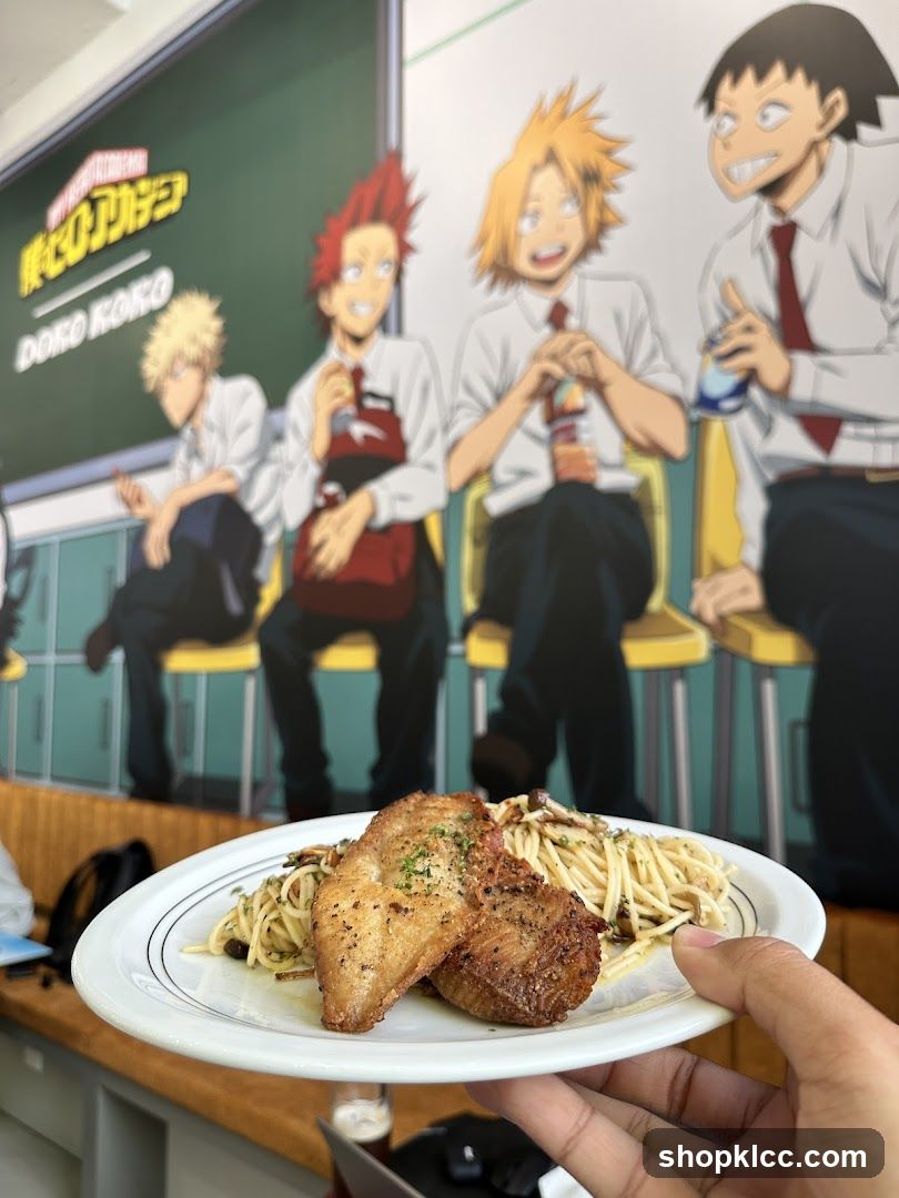 My Hero Academia themed dining interior with food plate in foreground