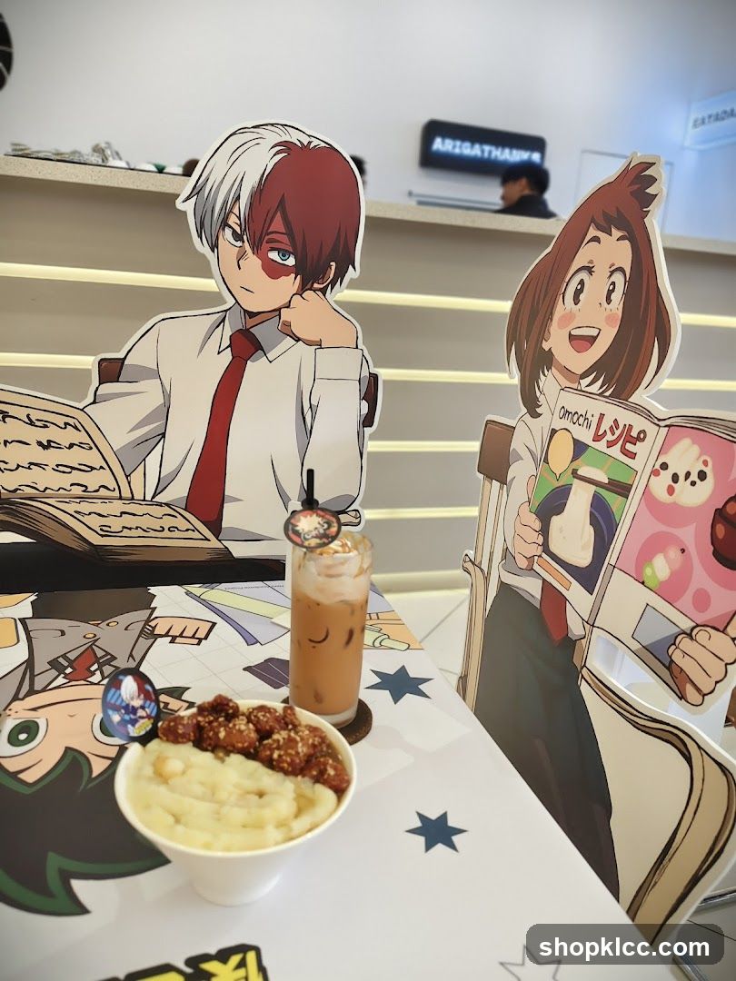 Anime-themed cafe interior with food and drinks