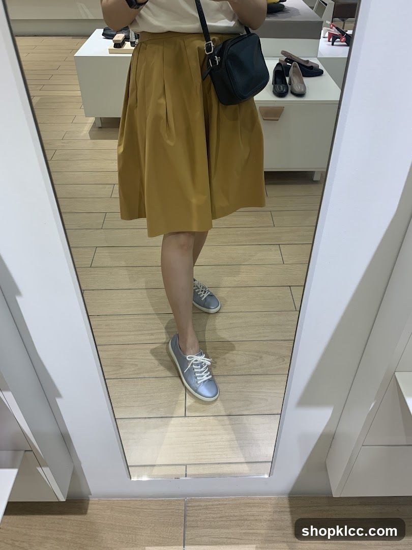 Woman in a store trying on shoes