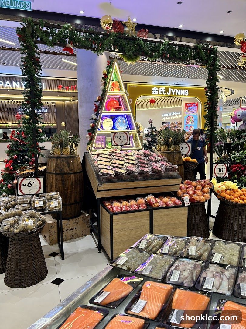 Christmas display with seafood and produce