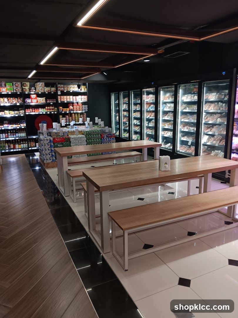 Butcher shop interior with seating area