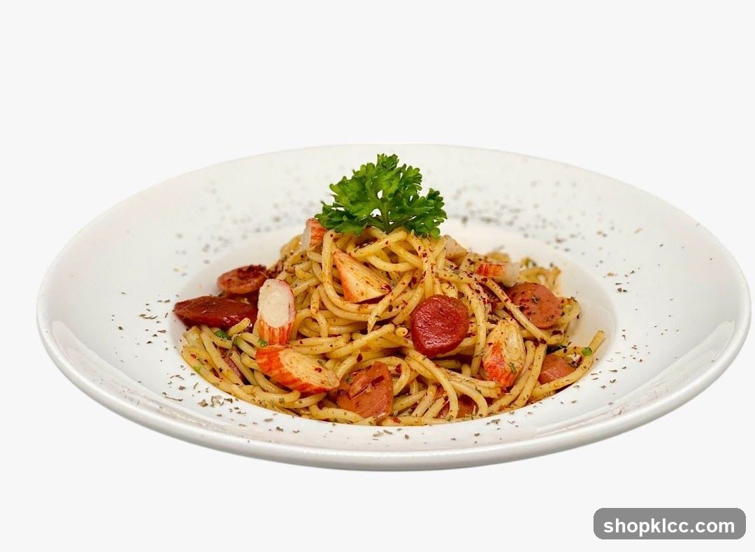 Spaghetti with Sausage and Crab Sticks
