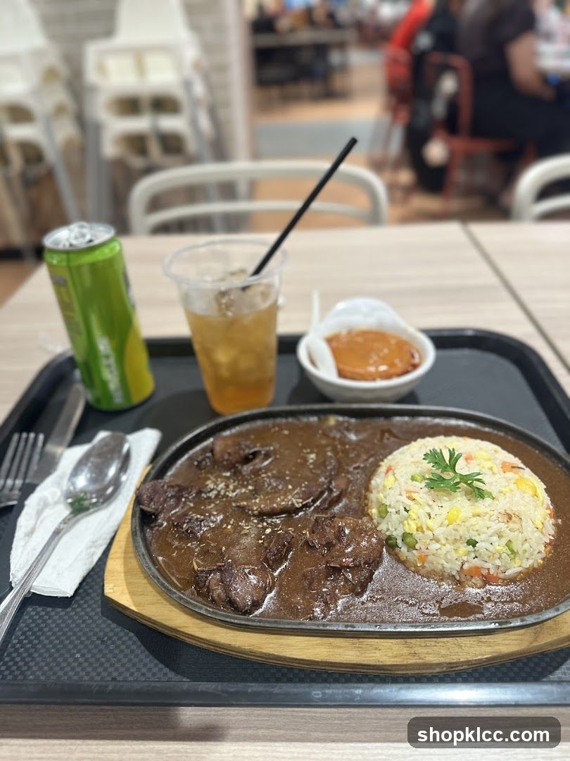 Sizzling Beef with Rice and Drink